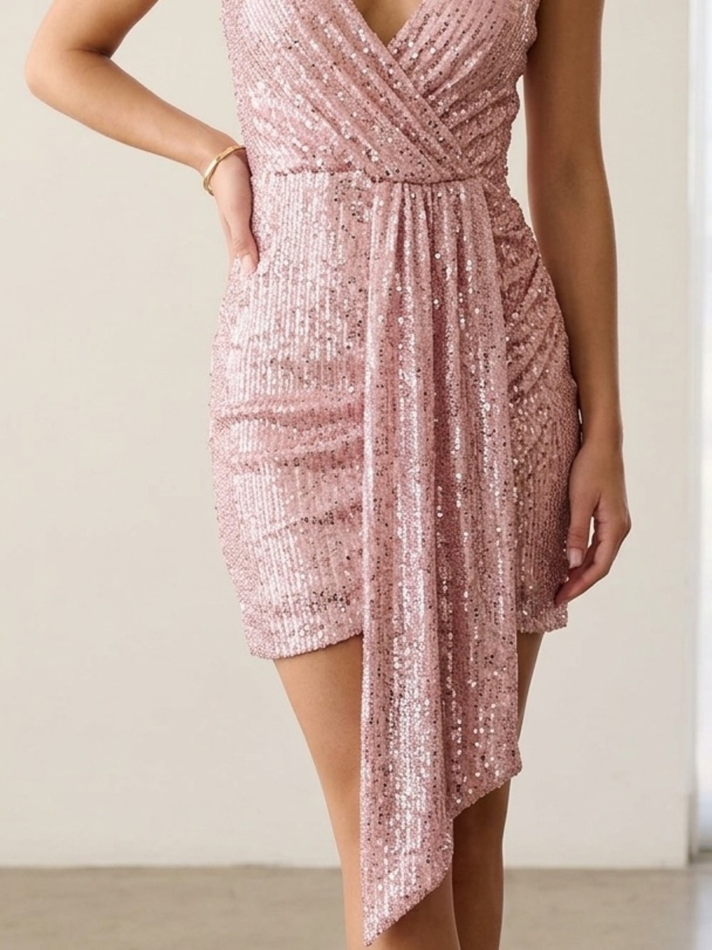 AKIRA Rose Pink Sequin Surplice Mini Dress